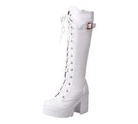 Minetom Botas De Motociclista para Mujer Botas con Cordones Tacón Grueso Zapatos Botas Tacones De Bloque Tacones Altos Plataforma Góticas hasta La Rodilla Botas Punk A Blanco 37 EU