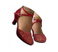 Minetom Zapatos De Baile Latino para Mujeres Punta Cerrada con Lentejuelas Salsa Tango Cha-Cha Salón con Taco para Bailes De Sociedad Y Formales A Rojo 39 EU