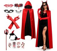 Mineup 12PCS Vampiro Rojo Negro Capa, Disfraz Diablo Mujer de Halloween con Cuernos de Diablo, Collar de Encaje y Varita Mágica, para Costume Accessory de Halloween, Carnavales, Fancy Dress Party