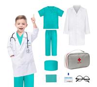 Mineup Disfraz de Medico Niño, Maletin Medicos Juguete, Juego de Roles Disfraz de Medico Bata con estetoscopio, Kit medico infantil Regalos de Halloween para niñas 5 6 7 8 9 10 años, 130 cm