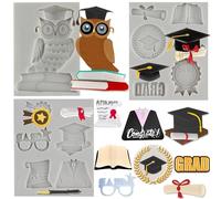 MINFEIDMS Moldes de silicona 3D para fondant de graduación, diseño de búho, para solteros, uniformes de graduación, decoración de pasteles, decoración de cupcakes, caramelos, chocolate, pasta de goma,
