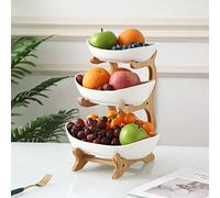 MINGCASA Frutero de 3 Pisos,Frutero de Cerámica de Tres Piso, Cesta de Frutas de Cerámica, Soporte De Bambú Natural, Cocina Mostrador y Organizador para Verduras y Frutas…