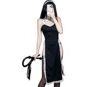 Mingnos Disfraz sexy de monja, lencería de cosplay para mujer, vestido de encaje con abertura alta y tocado de monja, Negro -, M