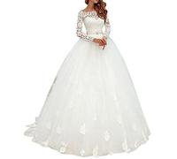 Mingxuerong Vestidos de novia elegantes vestido de novia de encaje vestidos de novia simples con manga larga, Blanco, 52