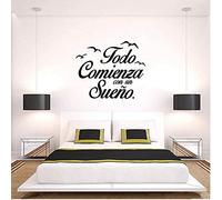 MINGYUANS Adhesivo de pared extraíble para dormitorio español, color negro, todo comienza con un sueño, adecuado para decoración de dormitorio, sala de estar, creando un ambiente cálido y romántico 70