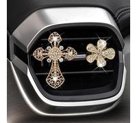 MINGZAIQIPEI Clips de ventilación de cruz y flores con cristales para decoración de coche, diseño de cruz de cristal, para coche, difusor de coche, decoración de coche (dorado)