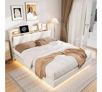 MINGZHE Cama acolchada 140 x 190 cm, PU, con iluminación LED RGB, cama doble con puertos USB y enchufes conforme a las normas europeas, diseño flotante, colchón no incluido, color blanco