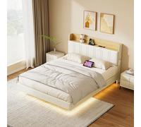MINGZHE Cama acolchada 140 x 200 cm, PU, con iluminación LED RGB, cama doble con puertos USB y enchufes conforme a las normas europeas, diseño flotante, colchón no incluido, color blanco