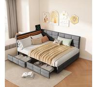 MINGZHE Cama tapizada, 140 x 200 cm, sofá cama con 2 cajones, respaldo en forma de L con compartimento de almacenamiento, estructura de cama doble con somier, cama juvenil, cama de dormitorio, lino
