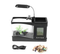 Mini Acuario Multifuncional Recargable por USB con Reloj, luz LED, Pantalla Digital, Almacenamiento de bolígrafo para Oficina en casa, plástico Blanco y Negro, 10,43 x 4,92 x 5,51 (Negra)