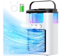 Mini Aire Acondicionado Portátil, Batería de 1200 mAh con Tanque de Agua de 600 ml, Función de Frío y Humidificación, 3 Modos, 7 Colores Luz sin Cable para Hogar Oficina
