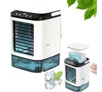 Mini aire acondicionado y humidificador portátil, 900 ml, 4 velocidades ajustables, sin drenaje, molde de hielo incluido, diseño silencioso, perfecto para el hogar, la oficina y los viajes. Soluciones