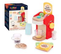 Mini Barista - Wooden Coffee Maker | Juego de 22 piezas con cafetera de juguete, tazas, cápsulas, menú, manual, cartón de leche, 2 años y +