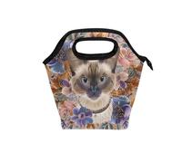 Mini bolsa de almuerzo retro con asa curvada y diseño de flores de gato bohemio (prop2), bolsas térmicas aisladas para la playa, para el trabajo y la universidad
