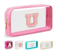 Mini bolsa de maquillaje transparente personalizada con inicial, bolsa de cosméticos de nailon con cierre de letras de chenilla de la A a la Z, pequeña bolsa de viaje, monedero de aseo, Pequeño-rosa,