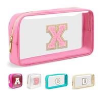 Mini bolsa de maquillaje transparente personalizada con inicial, bolsa de cosméticos de nailon con cierre de letras de chenilla de la A a la Z, pequeña bolsa de viaje, monedero de aseo, Pequeño-rosa,