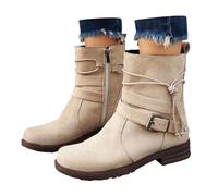 Mini Botas de Nieve Lateral de Color Sólido de Cuero Otoño e Invierno para Mujer Botines con Hebilla Temperamento Casual Cálido Botas Impermeables Y Calientes Talla 35, beige, 37 EU