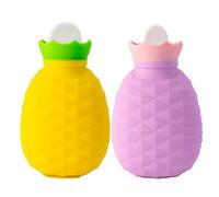 Mini botella de agua caliente de 200 ml con funda, bolsa de agua de silicona capaz de calentar en microondas para aliviar el dolor, bonito calentador de manos en forma de piña (amarillo + morado