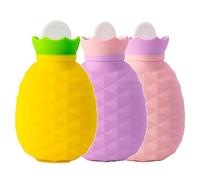 Mini botella de agua caliente de 200 ml con funda, bolsa de agua de silicona capaz de calentar en microondas para aliviar el dolor, bonito calentador de manos en forma de piña (amarillo + morado claro