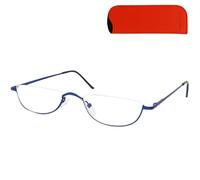 Mini Brille - Gafas de Lectura Estilo Vintage con Funda, Montura de Acero Inoxidable de Media Luna (Azul) con Bisagra de Muelle, Gafas Para Leer de Hombre y Mujer +2.0 Dioptrías