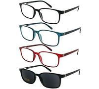 Mini Brille - Pack 3 Gafas de Lectura y Gafas de Sol de Lectura con Cristales Rectangulares, Montura Cuadradas de Plástico la Bisagra de Resorte, Gafas Para Leer de Hombre y Mujer +2.0 Dioptrías