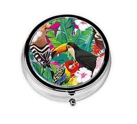 Mini caja de medicina con diseño de pájaros tropicales y hojas de plantas, organizador portátil de bolsillo para medicinas