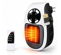 Mini calefactor cerámico de enchufe 500 W con mando a distancia, para estancias de hasta aprox. 10 m², termostato 15-30 °C, temporizador 1-12 h, pantalla LED, 2 velocidades y clavija orientable