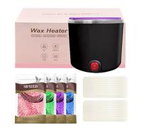 Mini calentador de cera depilatoria, maquina cera caliente depilación con recipiente de silicona de 200ml, Kit completo de 4 bolsas de perla de Cera, 20 Espátulas (negro, redondo)