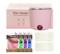 Mini calentador de cera depilatoria, maquina cera caliente depilación con recipiente de silicona de 200ml, Kit completo de 4 bolsas de perla de Cera, 20 Espátulas (rosa, redondo)