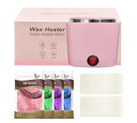 Mini calentador de cera depilatoria, maquina cera caliente depilación con recipiente de silicona de 200ml, Kit completo de 4 bolsas de perla de Cera, 20 Espátulas (rosa, cuadrado)