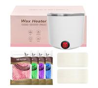 Mini calentador de cera depilatoria, maquina cera caliente depilación con recipiente de silicona de 200ml, Kit completo de 4 bolsas de perla de Cera, 20 Espátulas (blanco, redondo)