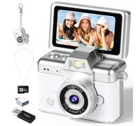 Mini cámara digital con pantalla abatible, cámara retro de bolsillo de 1.47 pulgadas con carga USB-C, video 1080P/720P, soporte MicroSD de hasta 128GB, cámara portátil con llavero (blanco)
