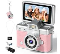 Mini cámara digital con pantalla abatible, cámara retro de bolsillo de 1.47 pulgadas con carga USB-C, video 1080P/720P, soporte MicroSD de hasta 128GB, cámara portátil con llavero (rosa)