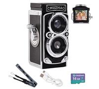 Mini cámara digital vintage, estilo TLR portátil, apunta y dispara, compacta, de bolsillo pequeño, 1080P FHD, video de 12 MP, cámara de vlogging de enfoque automático con tarjeta de 16 GB para