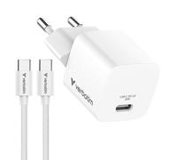 Mini cargador de pared Verbatim GaN USB-C con cable USB-C 20W (Blanco)