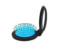 Mini cepillo plegable portátil 2 en 1 para mujeres y niñas, con bolsa de aire, para masaje, redondo, de viaje, con espejo, azul