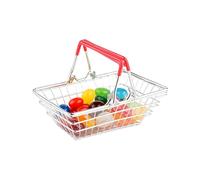Mini cesta de la compra y carrito de acero inoxidable - Cesta de 23 x 15,8 cm, carrito de 13,5 cm | Juego de mini tienda de comestibles para niños cocina y oficina | Pequeño organizador para