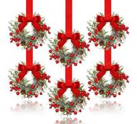 Mini Christmas Wreaths for Cabinet, Artificial Snowy Cedar Garland with Bows Ribbon, Small Xmas Hanging Wreath for Kitchen Cabinets, Windows, Doors, Holiday Decor (A)