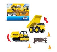 Mini Clásicos - Tonka Pack de 2 (Metal Movers Camión Volquete y Bulldozer con 3 Conos de Tráfico y Valla de Barricada)