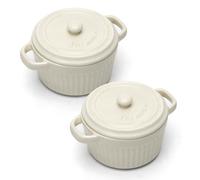 Mini cocotte con tapa, Cacerola Fuente para horno de cerámica con 2 asas, Moldes redondos con tapa para soufflé, lasaña, crème brûlée, postres, aptos para microondas y horno (Blanco, S-250ml-2pc)
