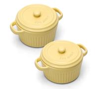 Mini cocotte con tapa, Cacerola Fuente para horno de cerámica con 2 asas, Moldes redondos con tapa para soufflé, lasaña, crème brûlée, postres, aptos para microondas y horno (Amarillo, L-400ml-2pc)