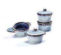 Mini Cocotte, Moldes de Gres con Tapa y Asas, Juego de 4 Platos para Horno de Cazuela para Creme Brulee Soufflé, Aptos para Horno, Cuencos para Moldes - Azul