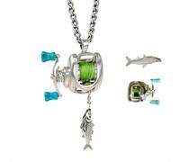 Mini collar de carrete de pesca - Colgante Baitcaster 3 en 1 con mango giratorio, guía de línea móvil y clip de llavero, joyería de aleación de metal para pescadores, hombres, padre, novio, regalos