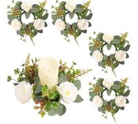 Mini coronas,corona de mesa,4 piezas Anillos de velas de flores artificiales Anillos de velas de rosas blancas Corona de rosas falsas Coronas florales artificiales Portavelas Corona for centro de mesa