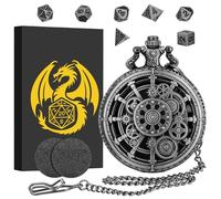 Mini DND Juego de dados con caja de reloj de bolsillo Steampunk en plata oscura con engranaje hueco, 7 piezas, juego de dados D&D de metal poliédrico, regalo DND, accesorios para juegos de mesa, color