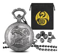 Mini DND Juego de dados con lengua Steampunk, caja del tesoro de bolsillo, carcasa para reloj de bolsillo, 7 piezas de metal poliédrico D&D, bolsa de regalo DND con logotipo de dragón, accesorios para