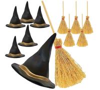 Mini Escobas Y Sombreros De Bruja - 104 G - Accesorios Para Manualidades De Halloween | Decoraciones Para Fiestas | Decoración Para Casa De Muñecas Con Sombrero Negro Pequeño, Set De Miniaturas Artesa