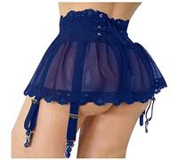 Mini Falda con Liguero Sexy Dentelle con Tanga, Mujer Liguero Malla Transparente con 4 Clips, Lenceria Ropa Interior Ligas Encaje Cintura Alta 2 Piezas, Minifalda + Bragas (01 Azul, L)
