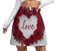 Mini Falda Mujer - Falda Corta Sexy De Cintura Alta, Detalles Romance En Forma De Corazón Y Corona Rosas Rojas Forma Corazón, Verano Y Otoño, Tallas Grandes S-4Xl, Rojo
