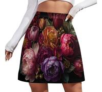 Mini Falda Mujer - Falda Corta Sexy De Cintura Alta, Plantas Y Flores Realistas Y Peonías Florecientes, Verano Y Otoño, Rojo Violáceo, S-4Xl